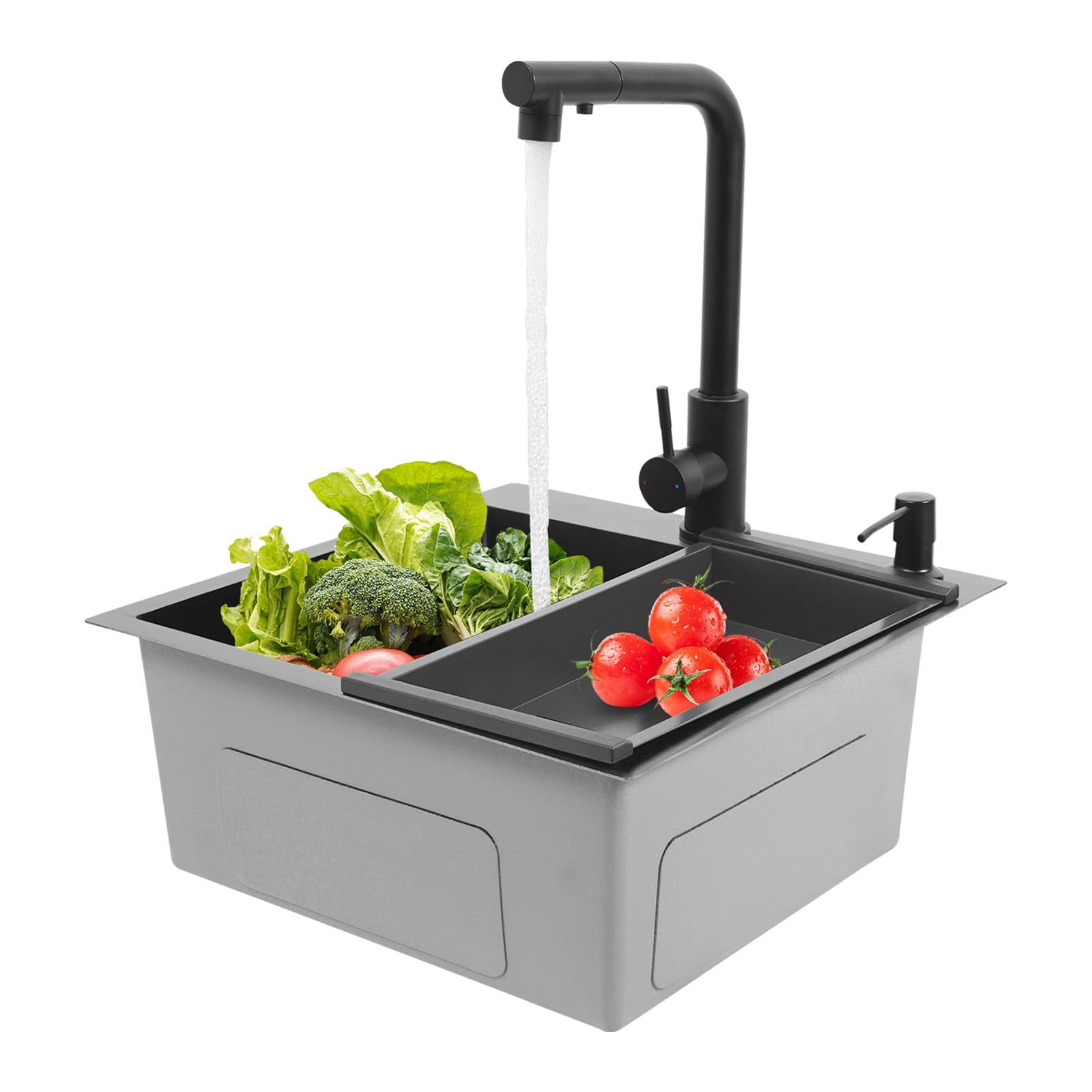 Fregadero negro 45 x 45 x 18 cm, juego de fregadero de cocina empotrable, 1 lavabo + grifo de cocina extensible de 60 cm + colador + tubo de sifón, fregadero multifuncional de acero inoxidable
