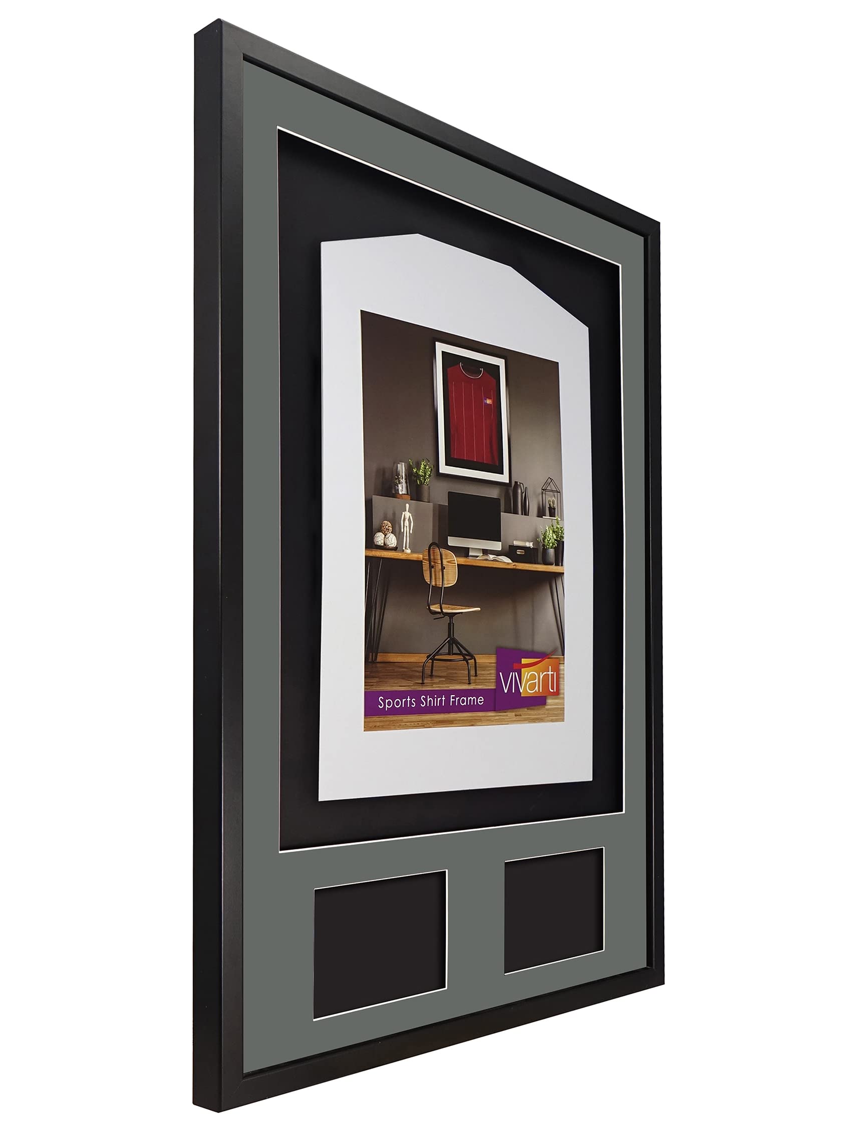 Vivarti DIY Junior 3D Montado + Marco de exhibición de camisa deportiva de doble apertura para camisa de fútbol, tamaño, 59,4 x 84 cm, marco negro, soporte plateado, tarjeta trasera negra