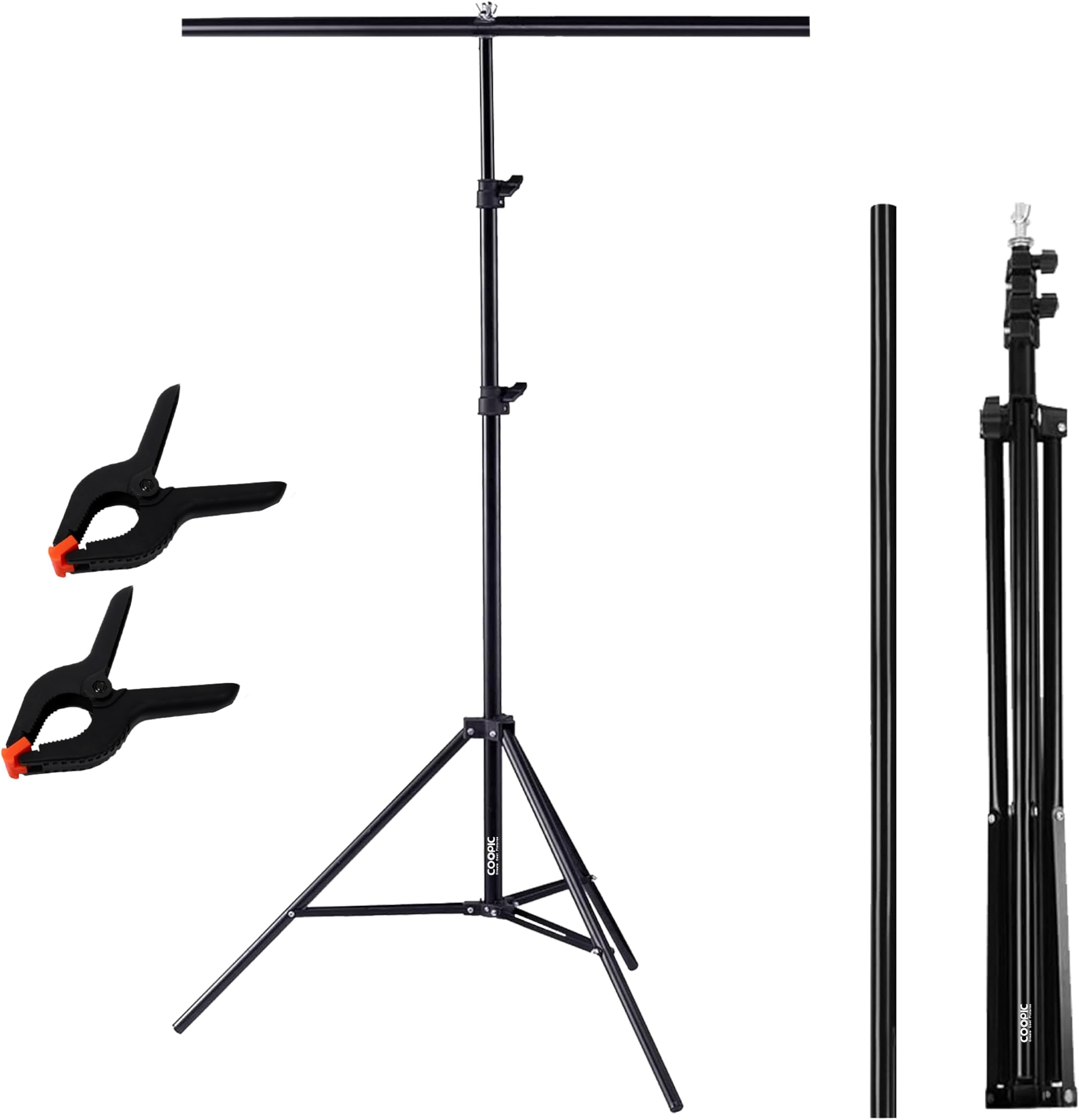 Adjustable T-Shape Backdrop Stand Kit, 79in/200cm Tall Tripod with 33in/83cm Crossbar, 2 Clamps, for Studio Photography and Videography
