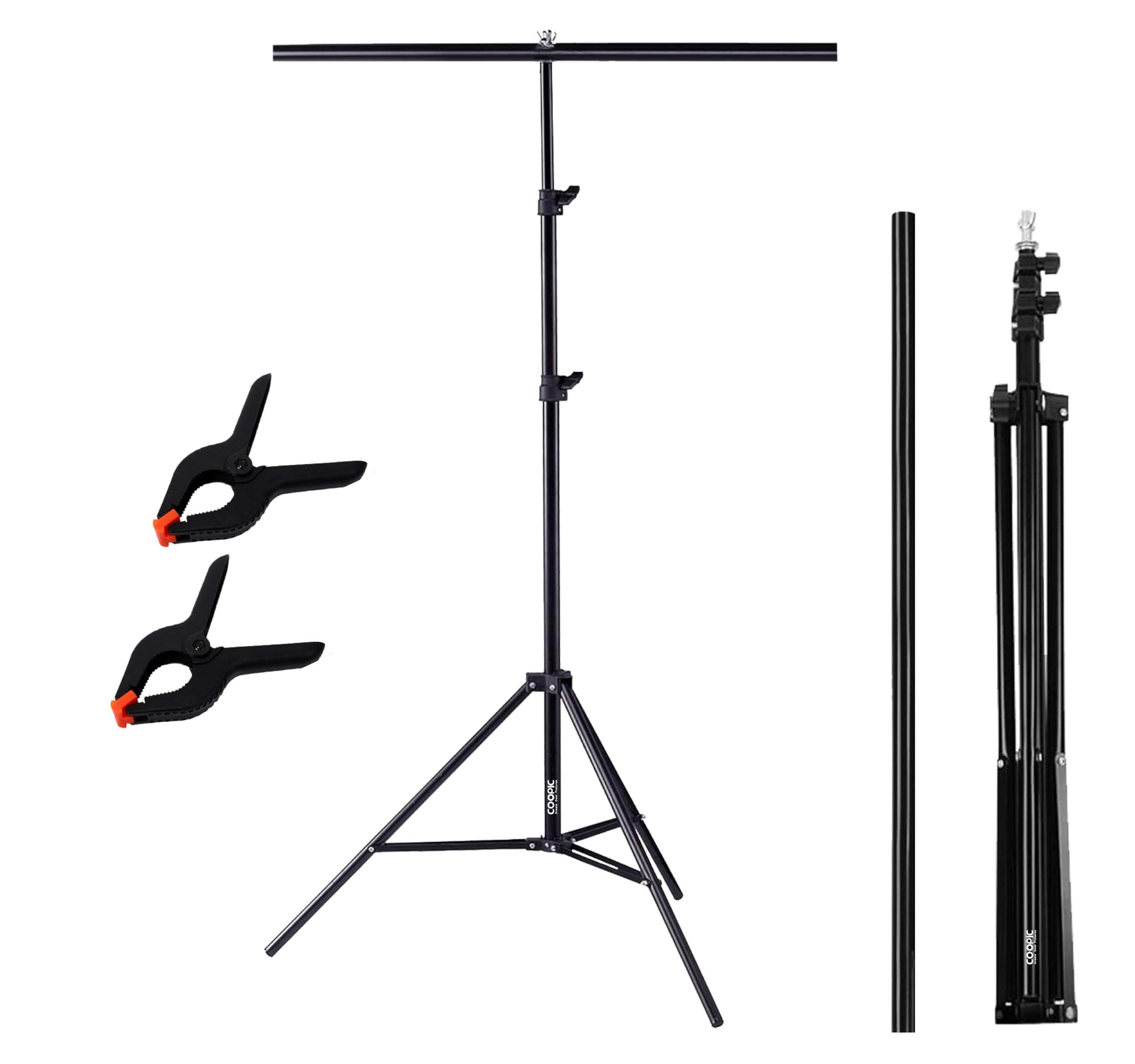 Adjustable T-Shape Backdrop Stand Kit, 79in/200cm Tall Tripod with 33in/83cm Crossbar, 2 Clamps, for Studio Photography and Videography