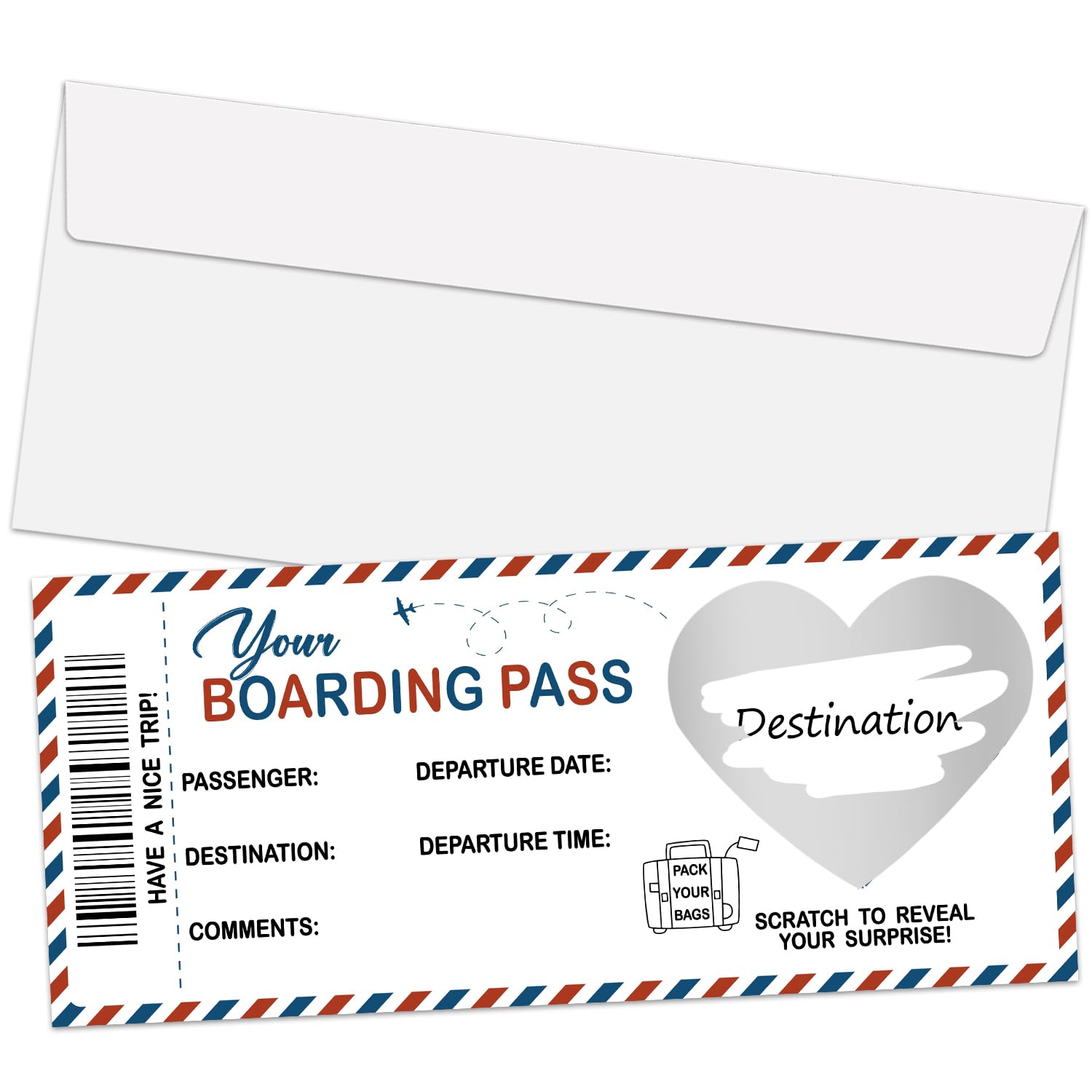 Surprise Boarding Pass Ticket, Red Blue Line Boarding Pass Gift Ticket, 1 Set DIY Scratch-Off Travel Tickets With Envelopes, Surprise Trip Reveal Gift Cards For Birthday Holiday Anniversary -02