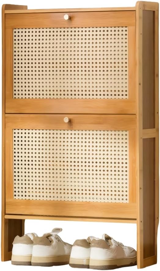 Narrow Shoe Cabinet Storage for Entryway, Freestanding Shoe Cabinet with 2 Flip Drawers, Slim Wood Shoe Organizer with Rattan-Door Closed Shoe Rack for Entryway Hallway, Living Room