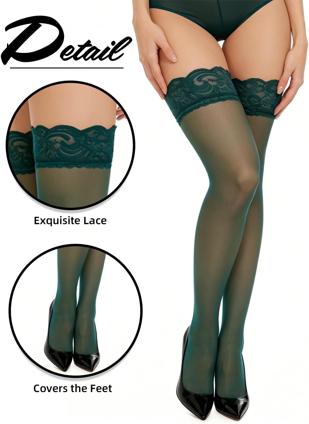 Women Lace Top Thigh High Stockings Silicone Stay Up Silky Semi Sheer Pantyhose - Image 2
