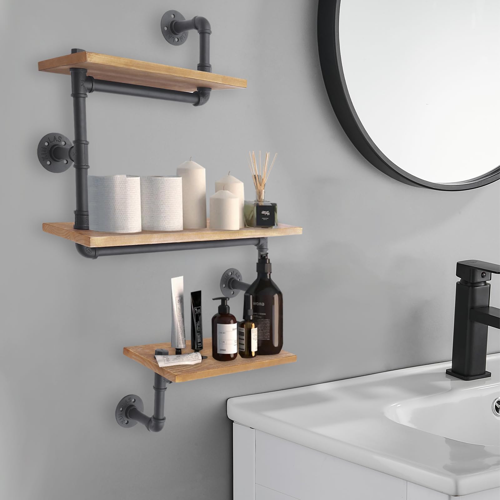 Regał ścienny, drewniany, metalowy, 3-poziomowy, do montażu na ścianie, przemysłowy design, regał kuchenny, regał na książki, do salonu, kuchni, biura