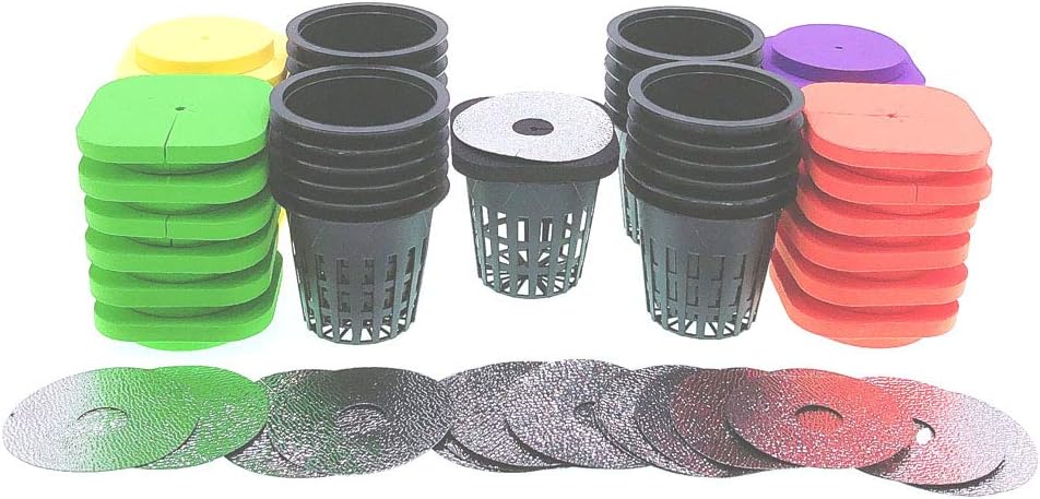 HORTIPOTS 2-Layered Clone Collars w 2 in Net Pots & Reflective Lids, Replacement for 24-Sited DWC Cutting Clone & Seedling Root System (4-Colored Pack of 25)