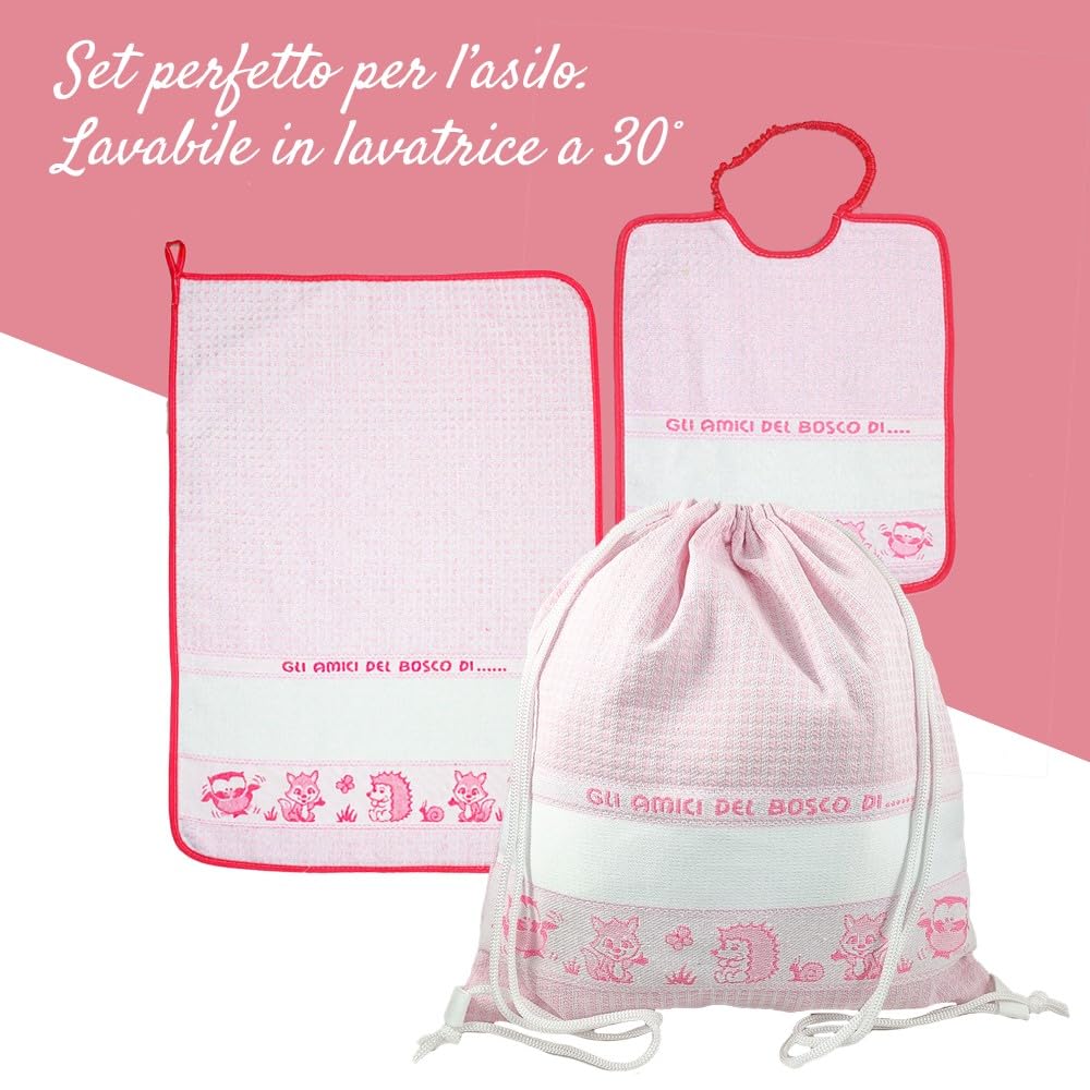 Bubabù SET ASILO PERSONALIZZATO BOSCO composto da 3 pezzi: bavaglino spugna con elastico cm.28x33, asciugamano cm.40x55, zainetto con fascia PERSONALIZZATI Cotone 100% Made in Italy