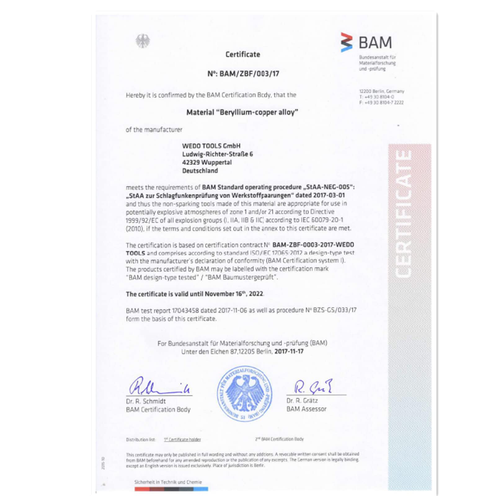 WEDO Młotek kowalski nieparkingowy z drewnianym uchwytem, bezpieczny młotek rozbiórkowy bez iskier, miedź berylowa, standard DIN, certyfikat BAM i FM, głowica 6,4 kg, długość 90 cm