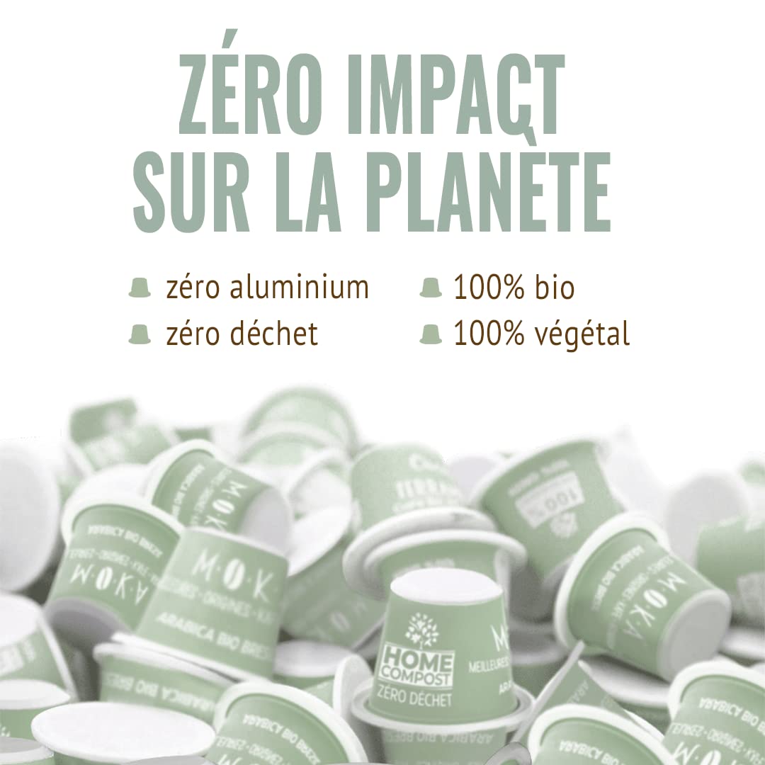 MOKA - 100 Capsules Café Bio d’excellence 100% Pur Arabica d'Ethiopie Bio (10*10) - Délicat et Fruité - Compatibles avec Nespresso - Intensité 8 - Home Compost - Expresso et Lungo - Torréfié en France