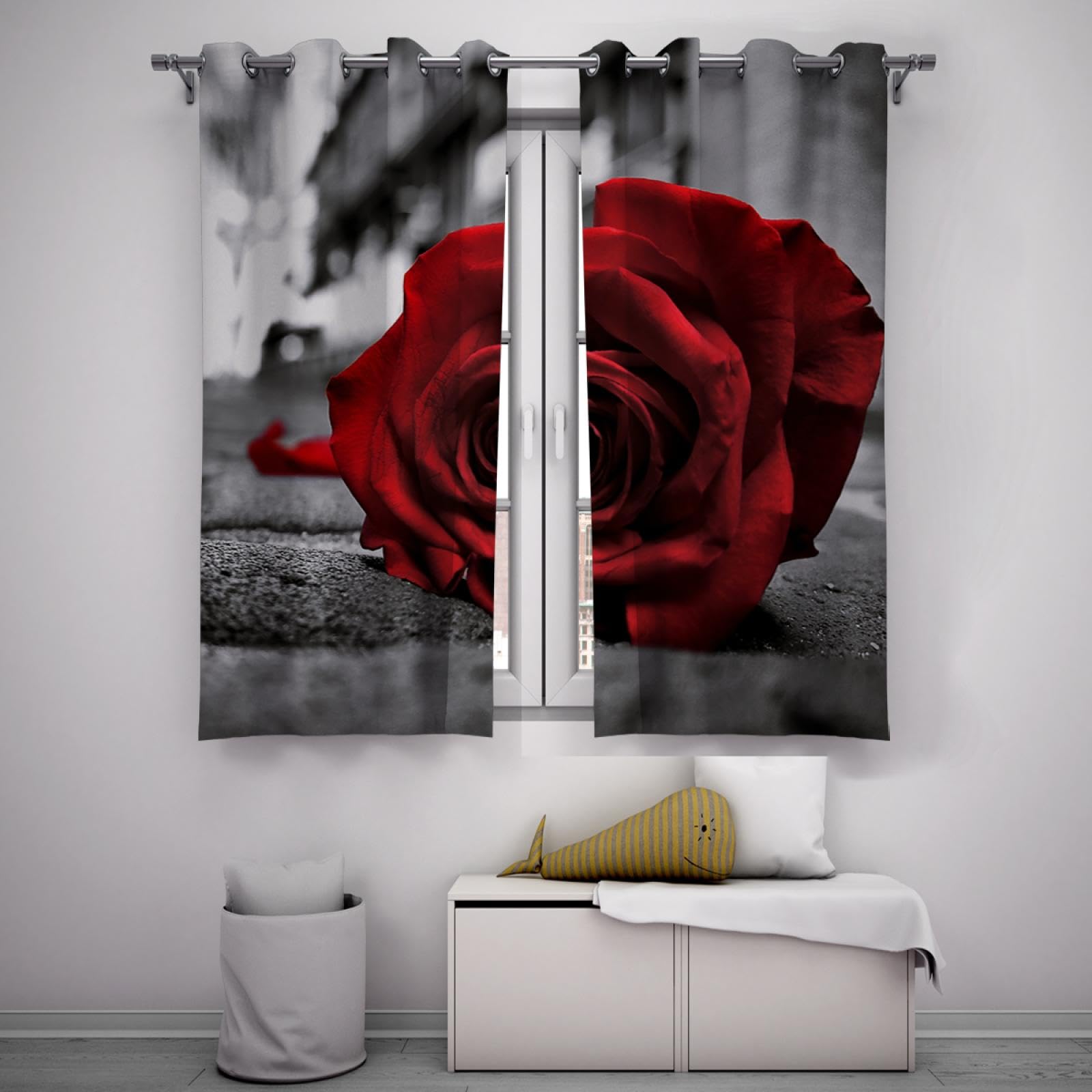 Graue und Schwarze Verdunkelungsvorhänge Rote Rose Verdunkelnde Ösenvorhänge für Wohnzimmer Schlafzimmer Wärmeisolierte Vorhänge Geräuschdämpfende Vorhänge 2xW140xL145cm
