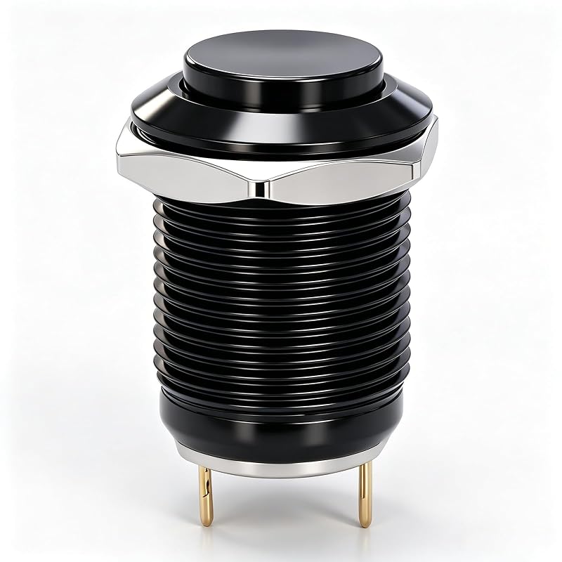 Mini interruptor tipo botão de pressão Twidec momentâneo metálico preto IP65 12 mm 36 V 2 A 1NO – 1 unidade