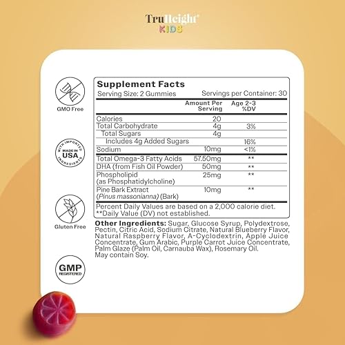 Miniatura 5 de TruHeight Gomitas de crecimiento cerebral para niños (bayas mixtas, edades de 2 años), vitaminas naturales para niños y niños pequeños, omega-3, DHA