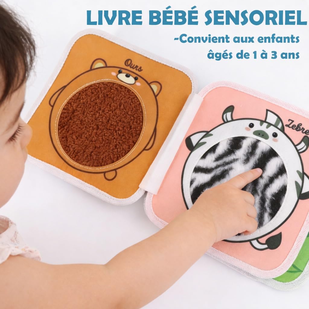 The Little Ones Malin I Livre sensoriel d’éveil Montessori de motricité fine en français pour bébé de 1 à 3 ans, cadeau pour fille et garçon busy board avec animaux, textures et pages en couleurs.