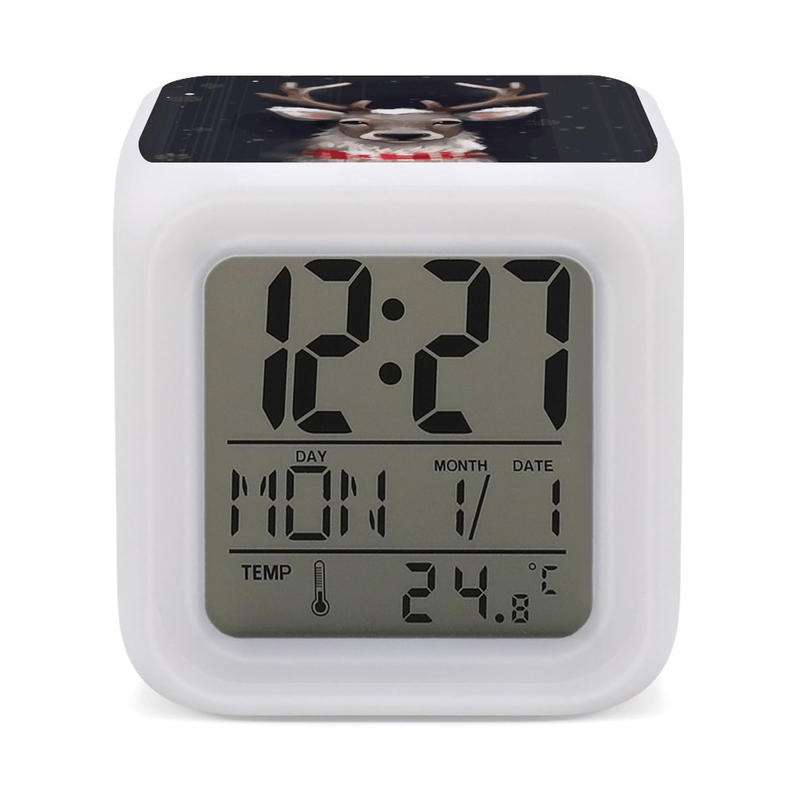 FekiLoot Reindeer Alarm Clock for Heavy Sleepers Small Digital Alarm Clock with Date Temperature Wake Up Digital Clocks with 7 Colors Changing Desk Clocks for Bedroom Bedside Nightstand