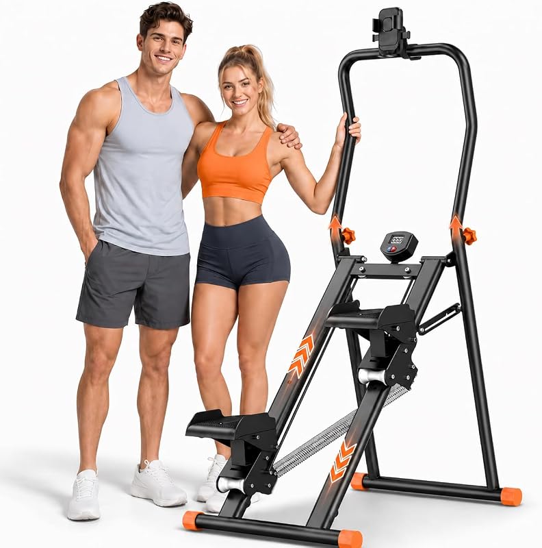 EPHESPORT Escalera paso a paso para el hogar con resistencia a alta tensión de 3 niveles | Diseño plegable, escalador de escaleras 2.0 con manillar ajustable en altura, pedales anchos antideslizantes, glúteos de piernas y cardio de cuerpo completo