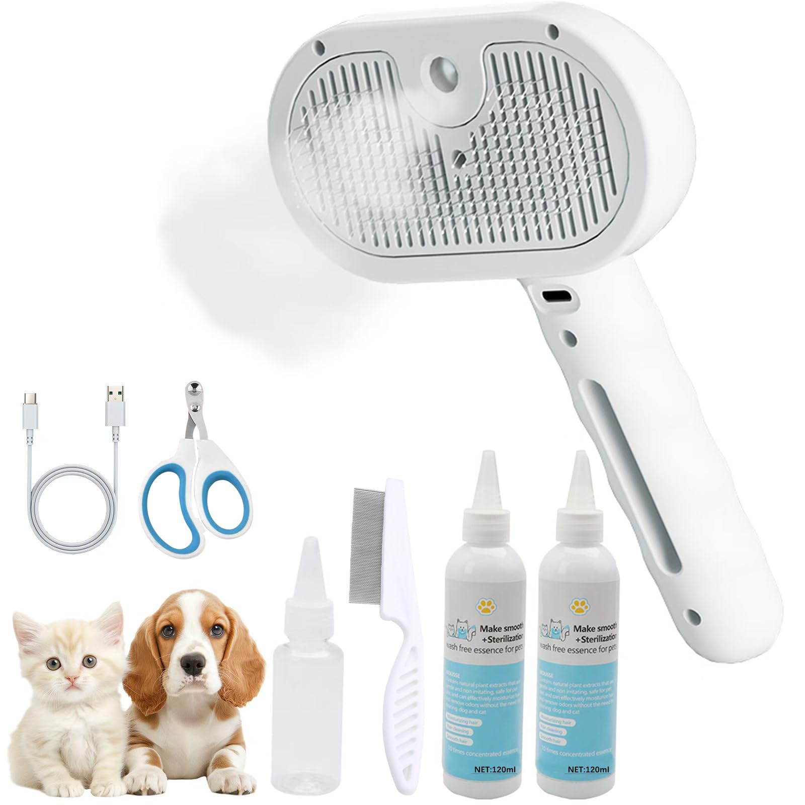 Cepillo de vapor para mascotas para perros y gatos – 3 en 1 para eliminar el desprendimiento, spray de vapor y herramienta de aseo autolimpiante – Ideal para gatos de pelo largo y corto – Incluye 2