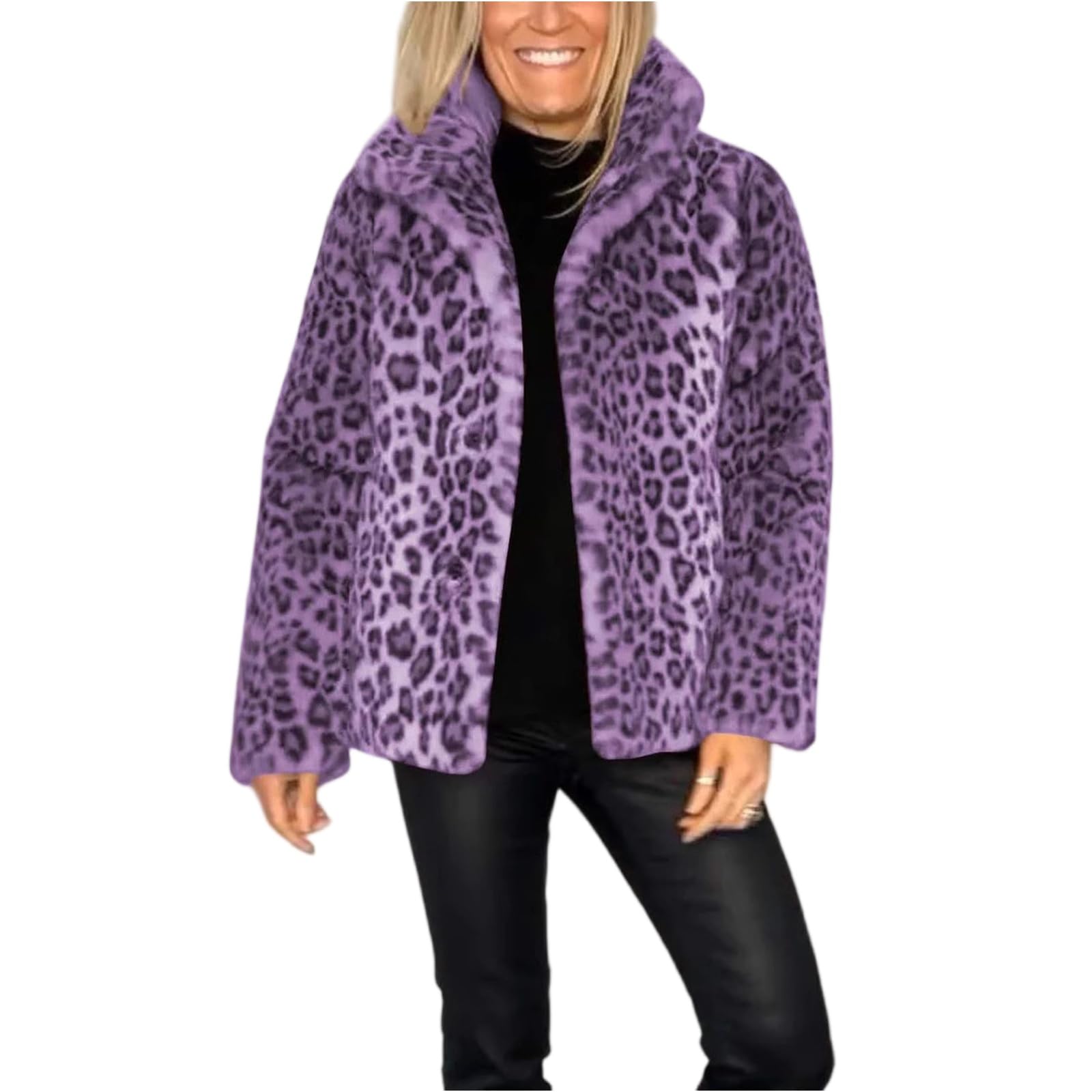 Fleecejacke Damen Ohne Kapuze Winterjacke Elegant Teddyjacke Winter Warm Plüschjacke Leopard Plüschmantel Langarm Flauschjacke Winddicht Damen-Jacken Kuschelig Winterjacken Casual Wintermantel