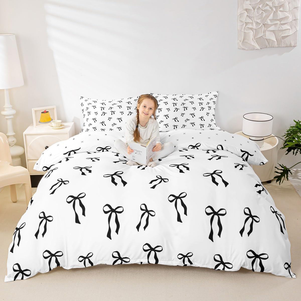 Homewish Kids Cartoon Bowknot Bed Set Black Bow Princess Double Duvet Cover Butterfly Knot Bow Tie Bedding Set for Women Girls Simple Black and White Quilt Cover