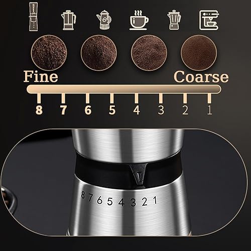 Miniatura 3 de Molinillo de café manual de precisión, gran capacidad para uso doméstico, 8 ajustes de grosor ajustables, molino de grano de café expreso de acero