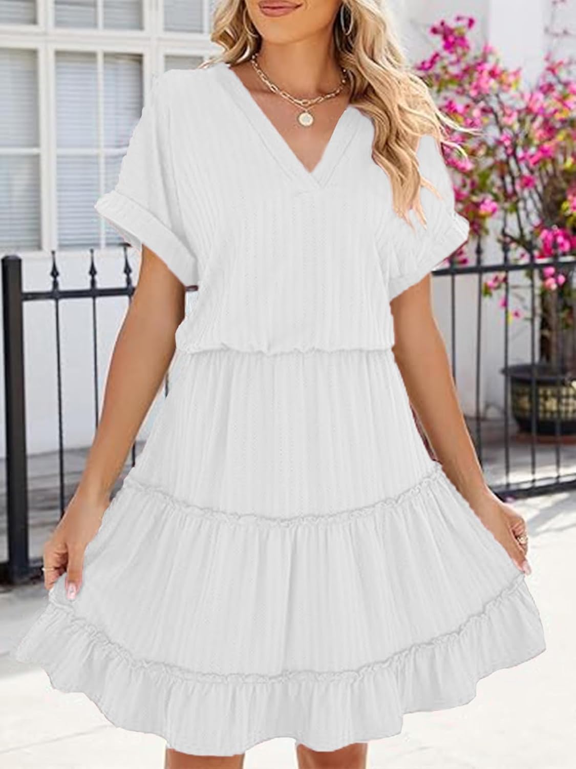 PerZeal Women's Casual V Neck Short Sleeve Tiered Dress Ruffle Hem A-Line Flowy Swing Midi Dresses - Image 3