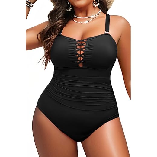 Yonique Women Black Plus Size One Piece Swimsuits Tummy Control Bathing Suits Vintage Swimwear 16plus