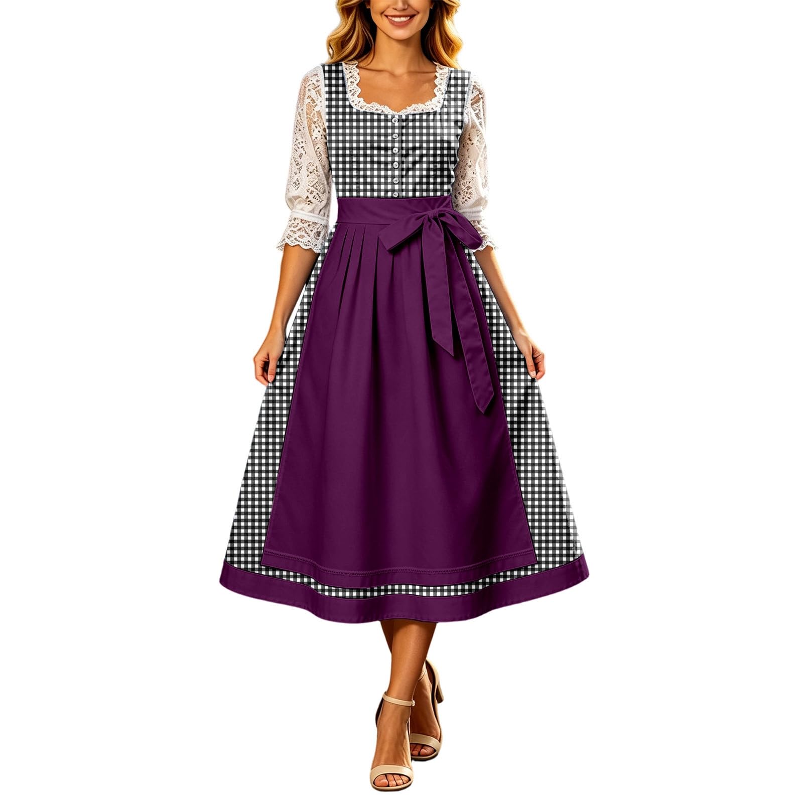 Dirndl Damen Midi Dirndlkleid Trachtenkleid Oktoberfest Dress Corset Style Long French Beer Dress with Waist Tie Bow Spitze Midi Dirndlkleid Kleid für Halloween Karneval
