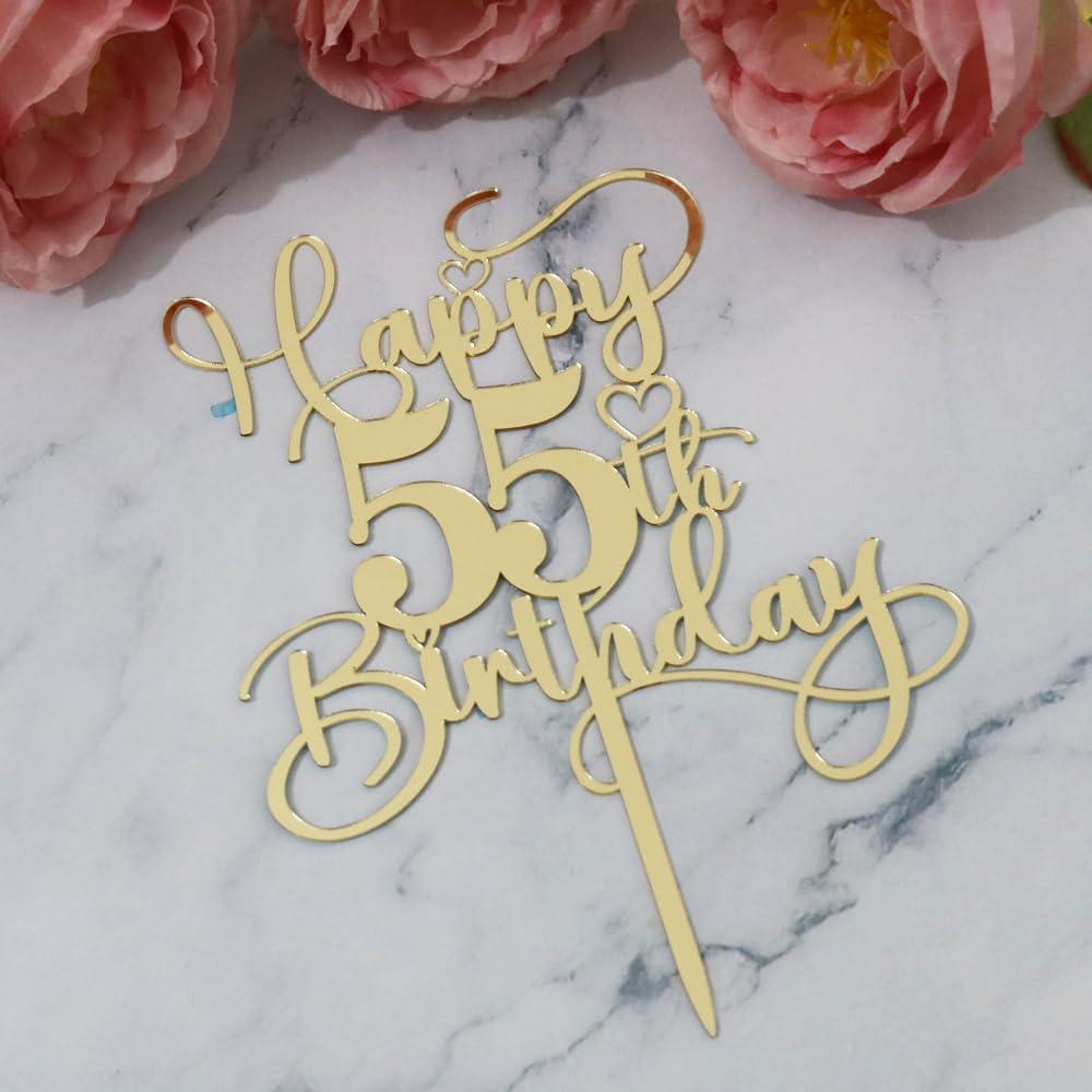 Ruscalin Happy 55th Birthday Cake Topper，Mirrored Gold Acrylic Topper for Cheers to 55 Years Birthday/Anniversary Party Decoration Ideas, Perfect Keepsake for your family and friends (55th)