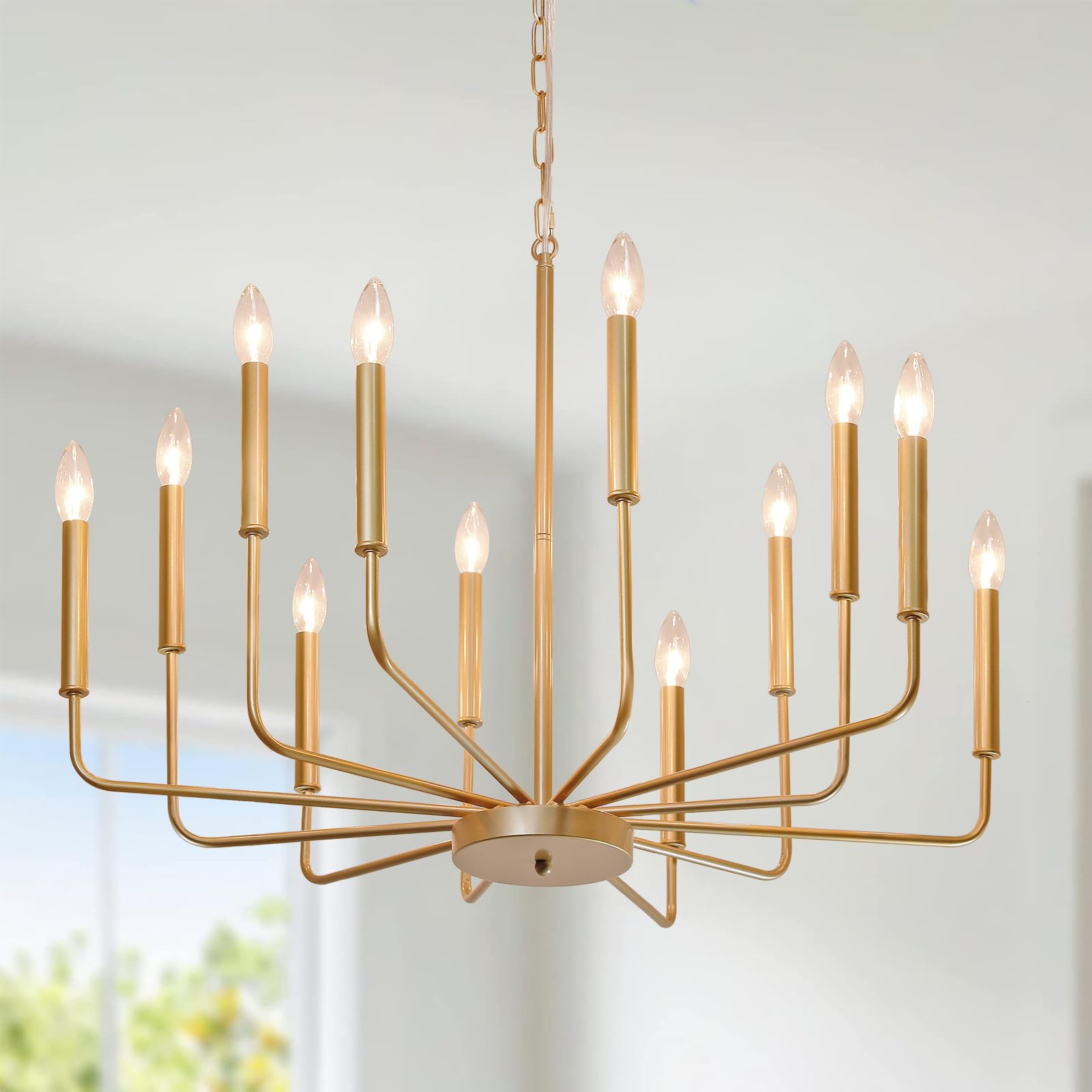 Gold Farmhouse Chandelier, Industrial Metal 12-Light Candle Chandeliers, Rustic Pendant Lighting for Kitchen Island, Dining Room, Living Room, Staircase