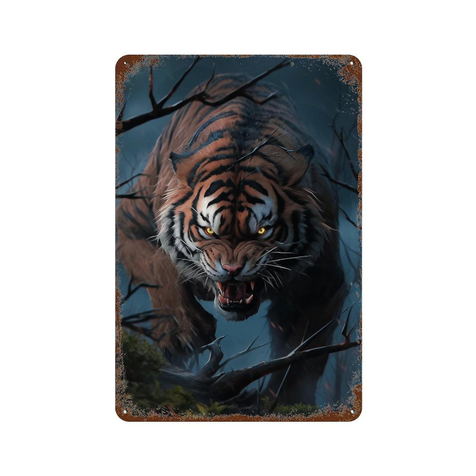 Tiger Roaring in Forest Rustic Tin Plaque 11.8"x7.9", Rustic Home Decor for Office, Studio And Wall Decor
