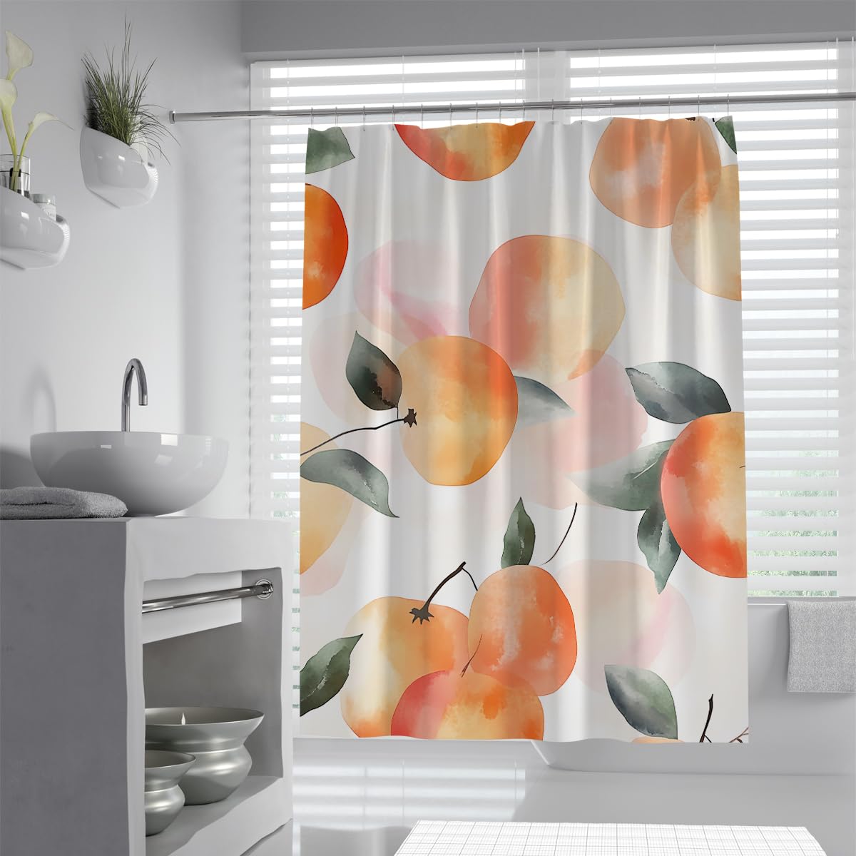 UERWOWELL Modern Minimalist Shower Curtain Watercolor Citrus Peach Fruit Pattern Fabric Bath Curtains Summer Botanical Boho Country Bathroom Decor W180xL180 cm