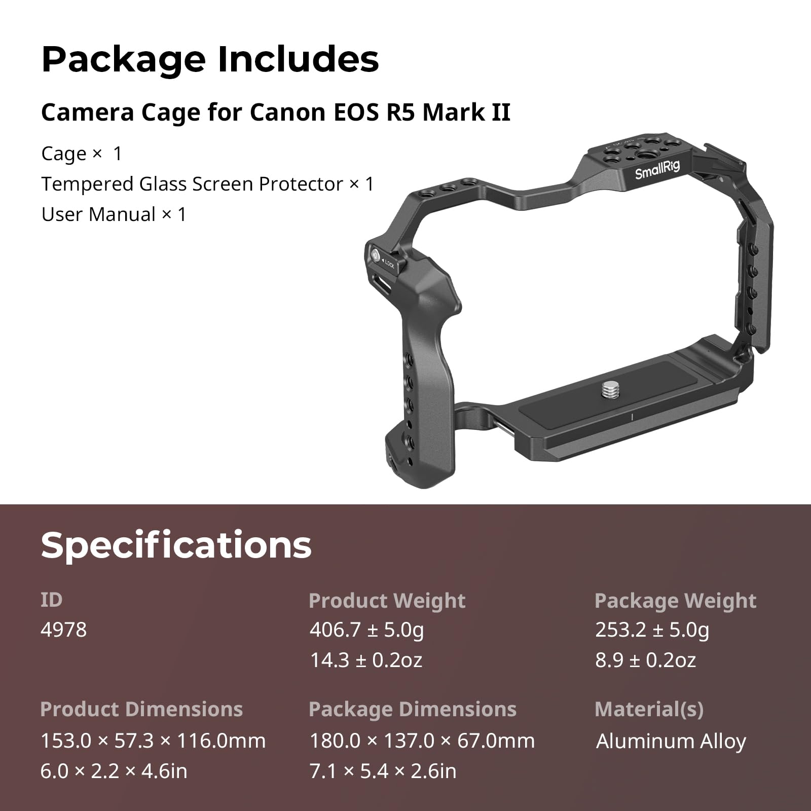 SMALLRIG R5 Mark II Cage pour Canon R5 Mark II, Cage Vidéo en Alliage d'Aluminium avec Support de Griffe Froide, Trous Filetés 1/4''-20 et 3/8''-16, Plaque de Dégagement Rapide pour Arca-Swiss - 4978B