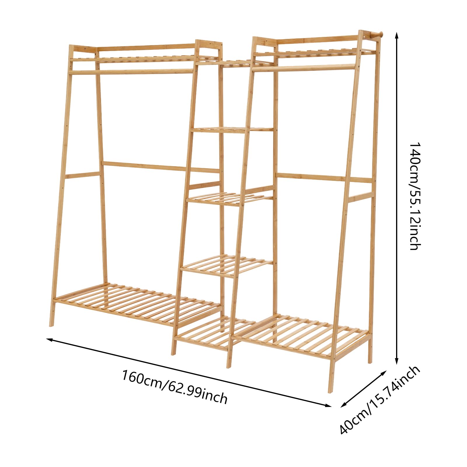 Appendiabiti espandibile con ripiani, 4 appendiabiti, 9 ripiani, per lavanderia, balconi, camere da letto e negozi di abbigliamento (160 × 40 × 140 cm)