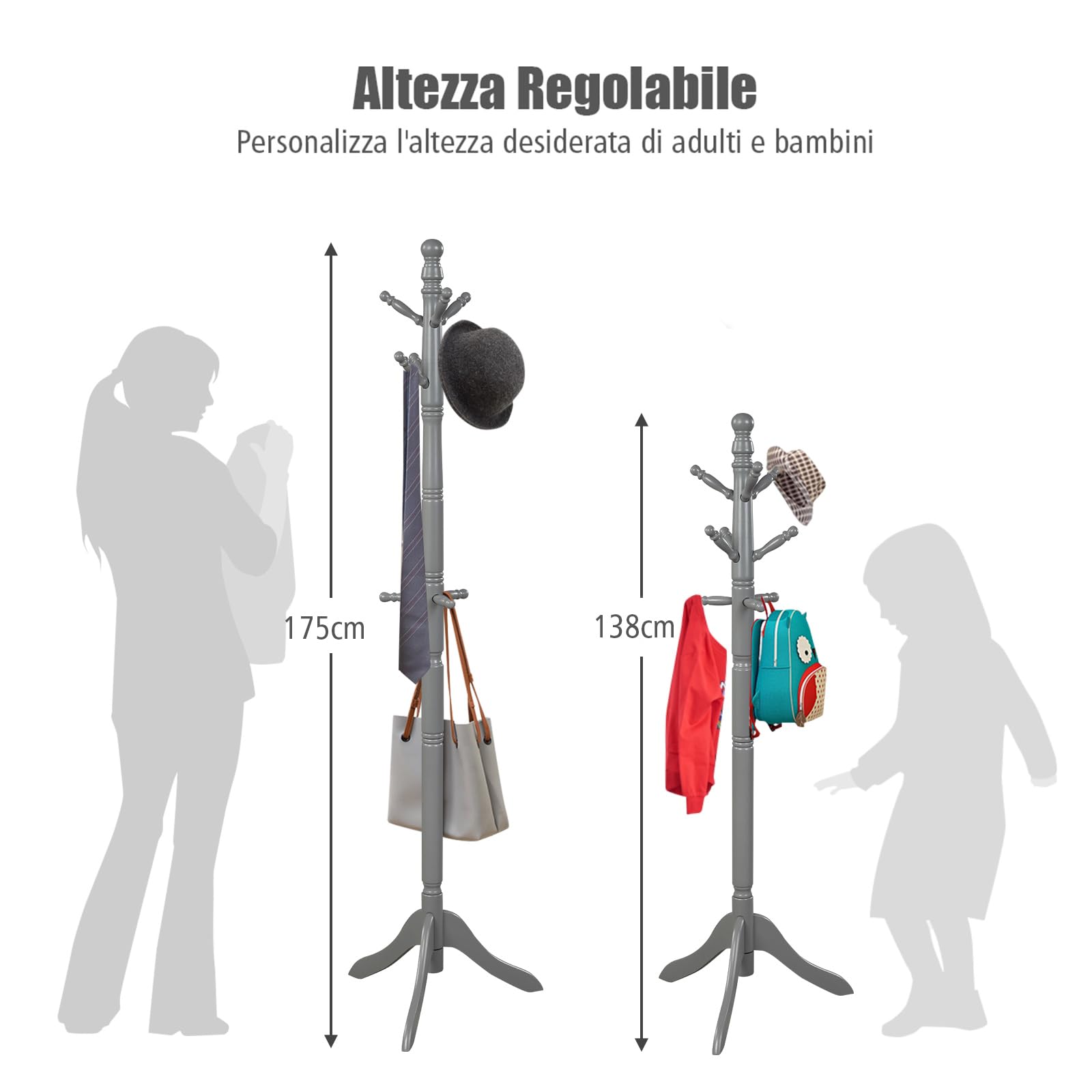 COSTWAY Attaccapanni ad Albero, Appendiabiti in Legno di Gomma con 9 Ganci, Albero Porta Abiti per Camera da Letto Soggiorno Ingresso e Ufficio, 50x50x138-175 cm (Grigio)