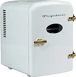 Frigidaire - Mini geladeira pessoal retrô comporta até 9 latas, portátil para carro, escritório, quarto, quarto ou cabine, inclui cabos de 110 V CA e 12 V CC, ouro branco