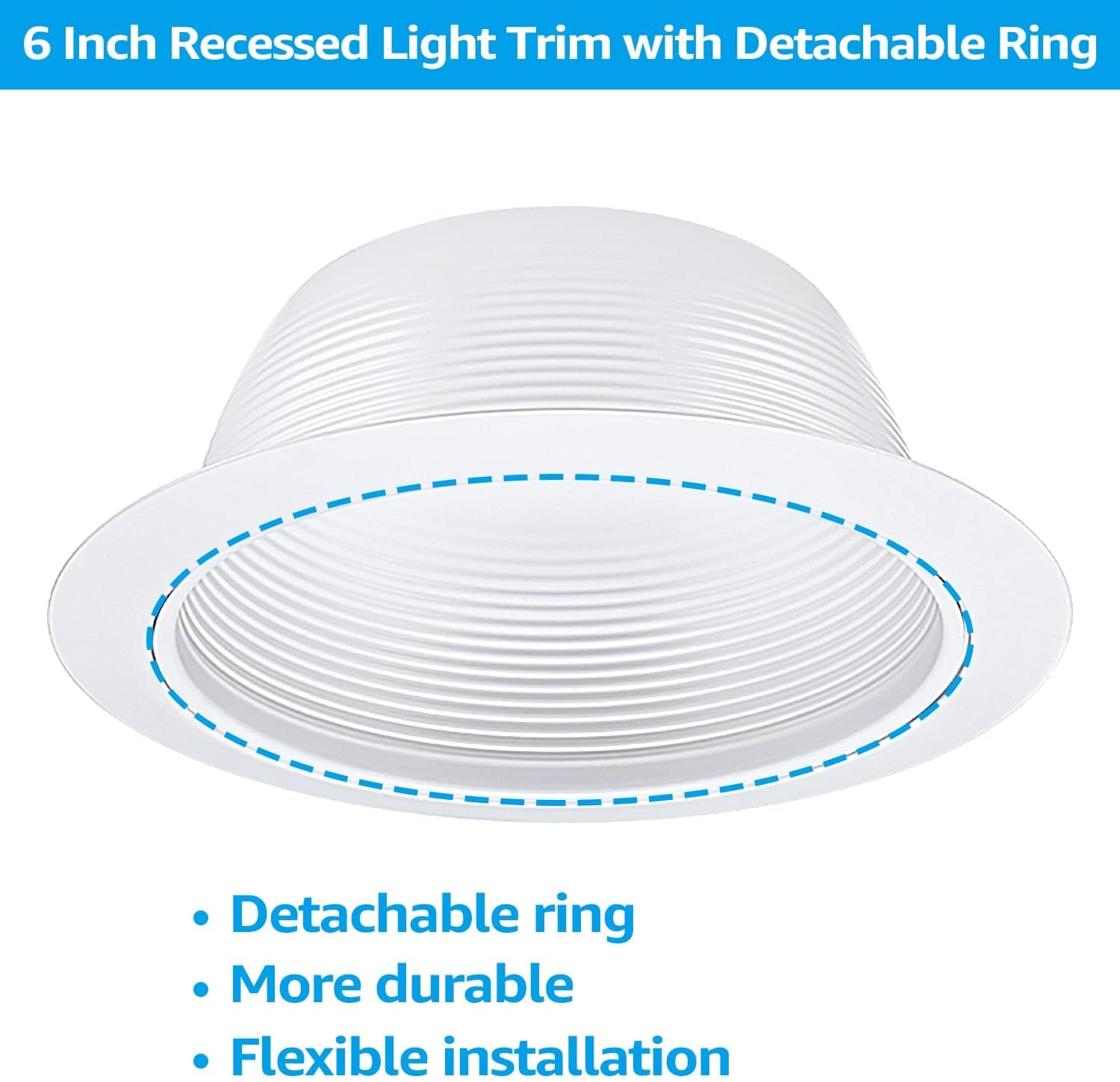 TORCHSTAR 6 Inch Classic White Recessed Can Light Trim, Step Baffle with Detachable Ring, Full Metal, Fit Halo/Juno Remodel Recessed Housing, Pack of 6