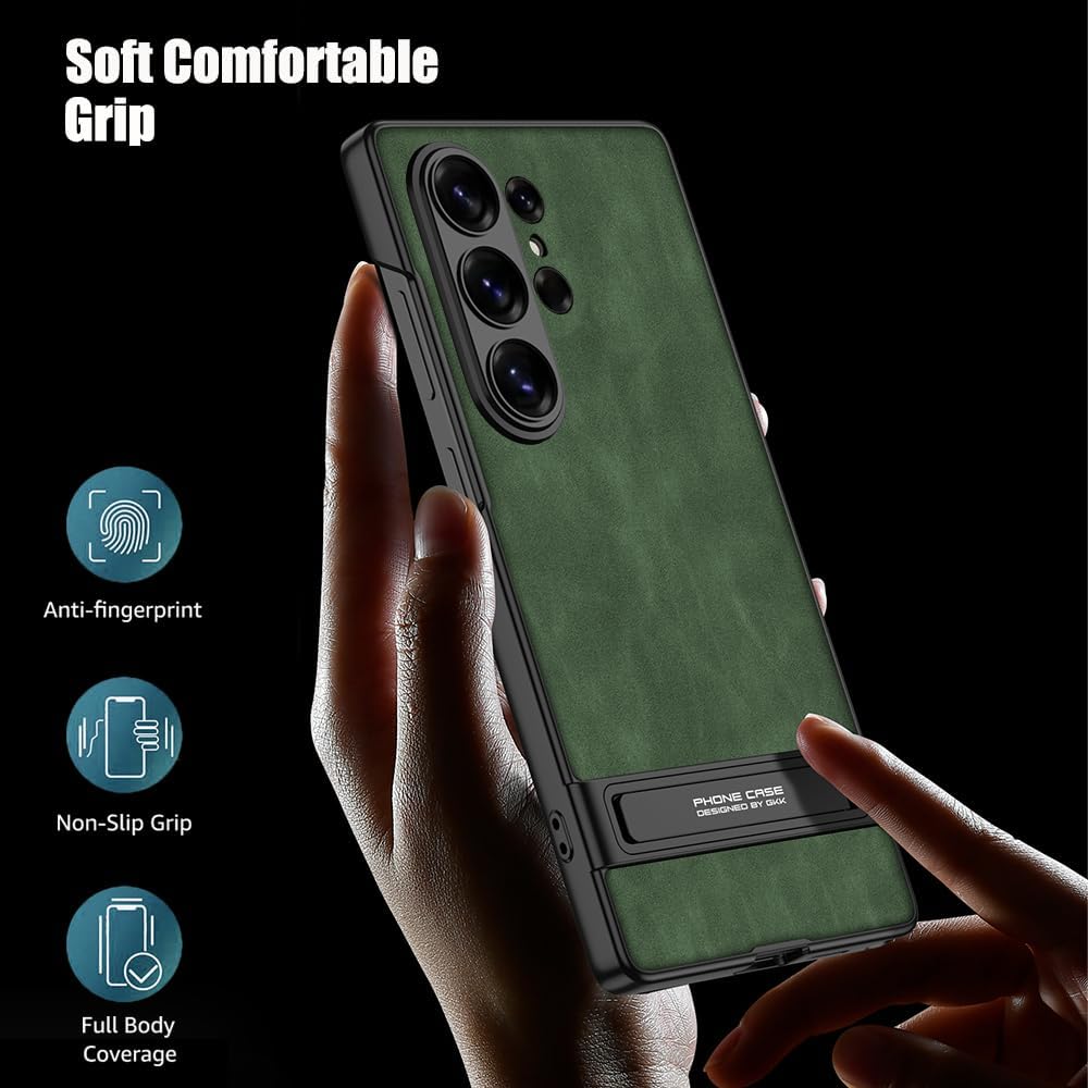 Leather Case for Samsung Galaxy S26 Ultra with Invisible Kickstand, Slim Luxury Vegan PU Leather & Hard PC Anti-Slip Rugged Shockproof Protective Cover for Samsung Galaxy S26 Ultra(Green)