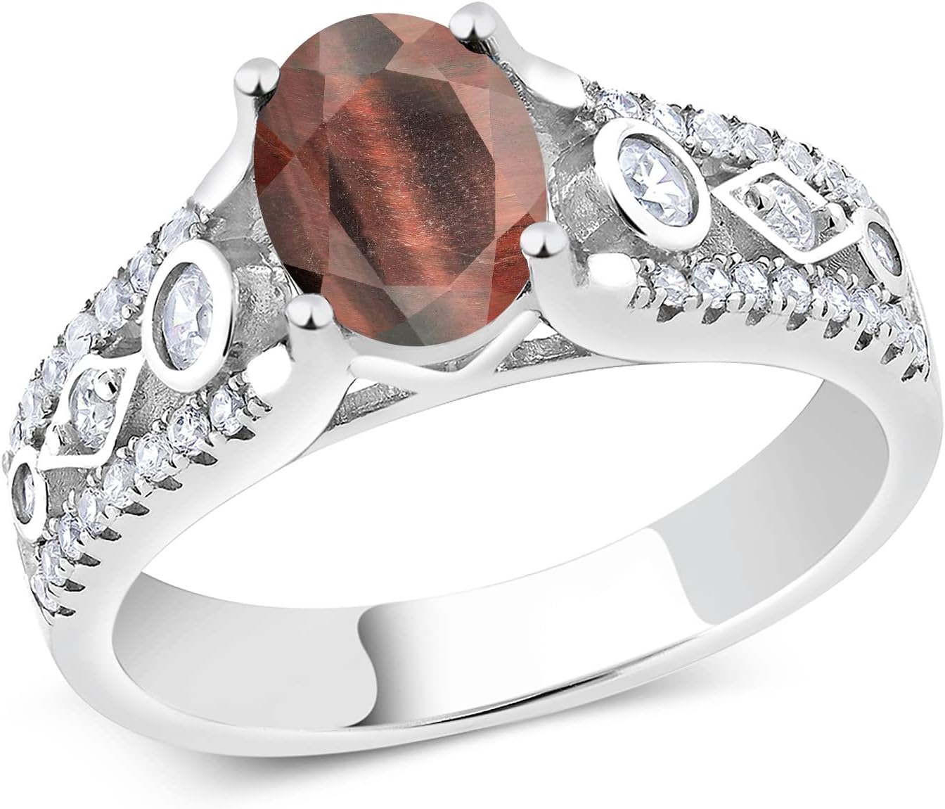 Gem Stone King 925 Sterling Silver Red Tiger Eye and White Zirconia Engagement Ring For Women | 1.81 Cttw | Oval 8X6MM | Gemstone