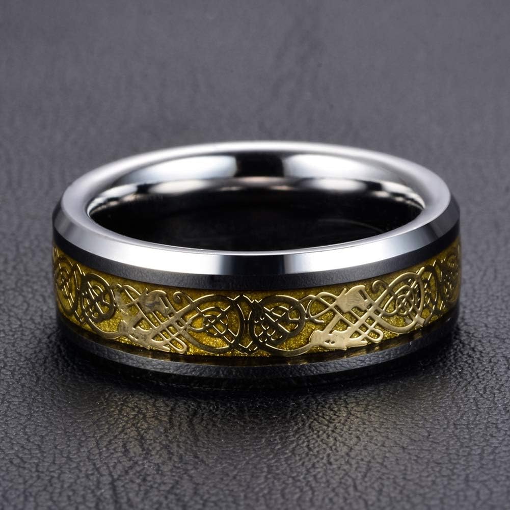 Men's Celtic Dragon Ring 8MM Silver/Black/Blue/Red/Gold Carbon Fiber Stainless Steel Wedding Band for Men Women Engagement Bands High Polished Beveled Edges Promise Rings Comfort Fit Size 5-13 - Image 5