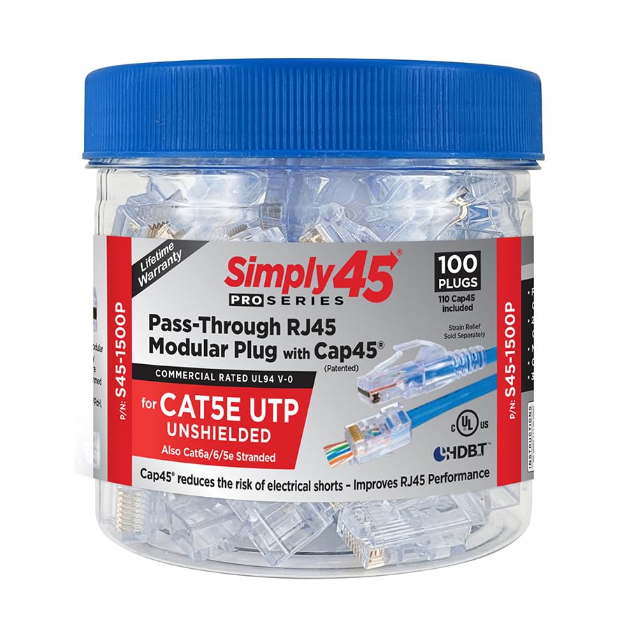 Simply45 ProSeries Cat5e Unshielded Pass-Through RJ45 Modular Plugs with Cap45-100 Piece Jar, Blue