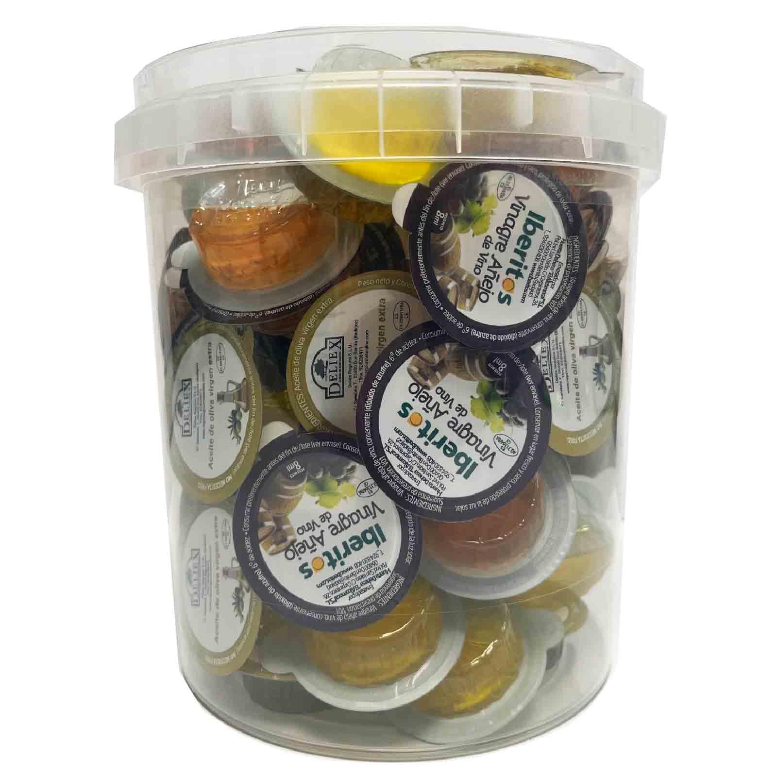 Deliex 40 aceite y vinagre en monodois en cubo, aceite de oliva virgen extra en pequeñas porciones de 10 ml x 40 tarrinas 40 x 8 ml de vinagre añejo (CUBO, Y 40 SOBRES DE SAL)
