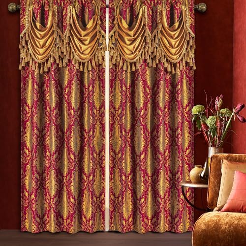 Loom and Mill Luxury Red Damask Window Curtains with Attached