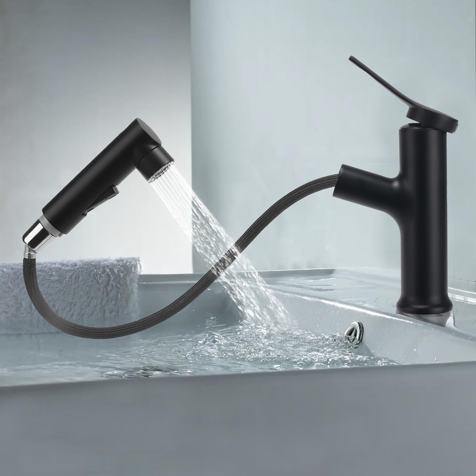 Robinet Salle de Bain avec Douchette Extractible (Noir) | Mitigeur Lavabo a 3 Modalità Cartouche Monocommande Miscelatore Eau Chaude et Froide en Céramique Blanc/Gris/Argenté/Noir