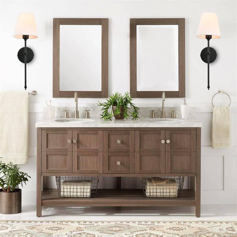 Image of Wall Sconces Sets of 2, Retro Industrial Wall Lamps, Bathroom Vanity Sconces Wall Lighting with White Fabric Shade, Hardwired Column Stand Bathroom Vanity Light Fixture for Hallway (Black)