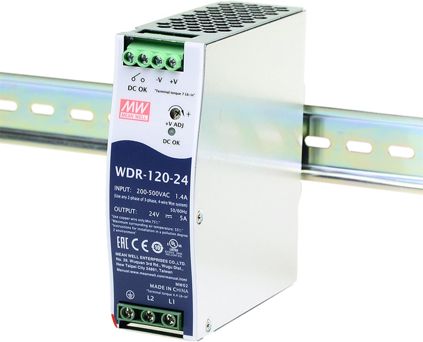 WDR-120-24 120W Single Output DIN Rail Industrial Power Supply, 24V 5A, Wide Input Voltage, with DC OK Signal