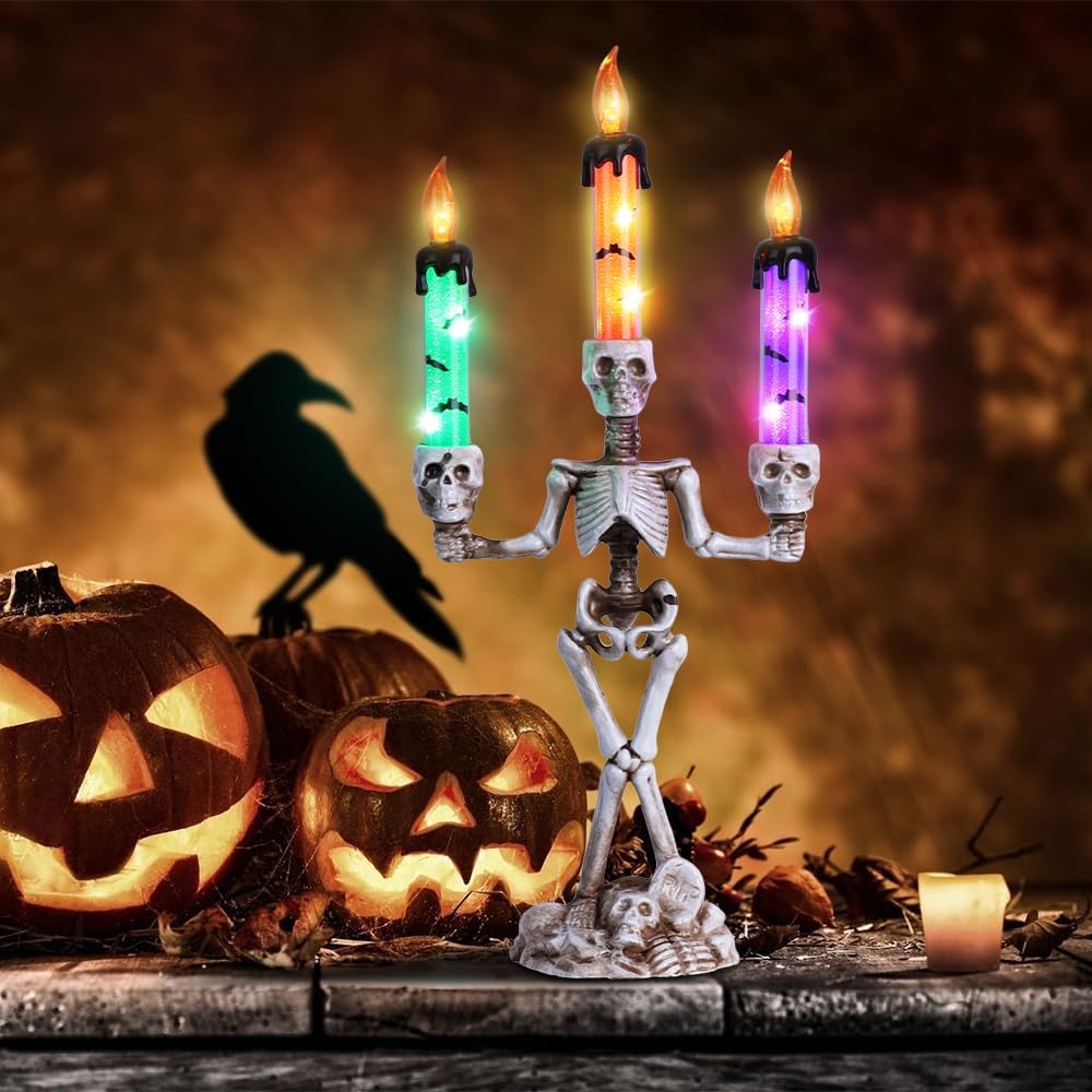 MEETYAMOR 2 Pcs Skull Halloween Candelabra Decorations Indoor, Halloween Candles Holder with LED Lights for Scary Haunted House Mansion Decor, Battery Operated Timer Candlesticks for Table Home Party