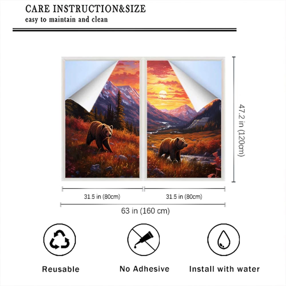 Country Rustic Bear Privacy Window Film Retro Mountains Sunset Nature Animal Stained Glass Window Coverings Adhesive Sticker Frosted Window Film for Home Office Stores 31.5Wx47.2L-inch x2 Pcs