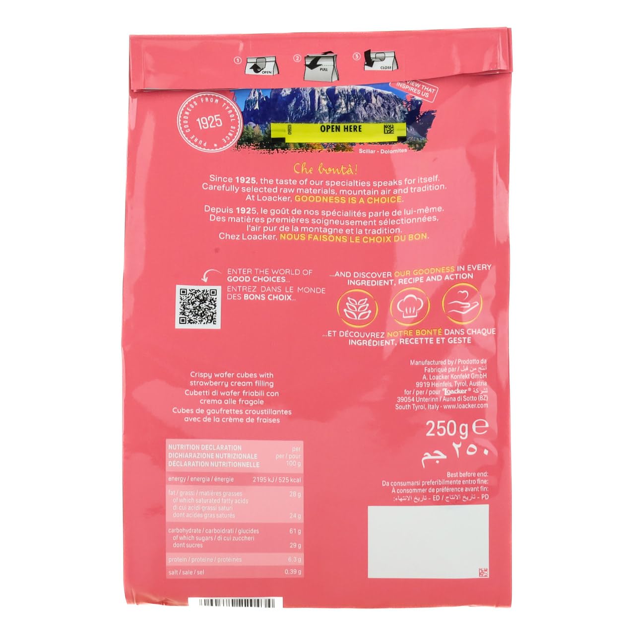 Loacker, Quadratini Fragola, Wafer Croccanti con 5 Strati di Cialde Farcite con Crema alla Fragola, Snack per Colazione, Senza Aromi e Coloranti, Pratica Confezione Apri e Chiudi, 1 Confezione da 250g