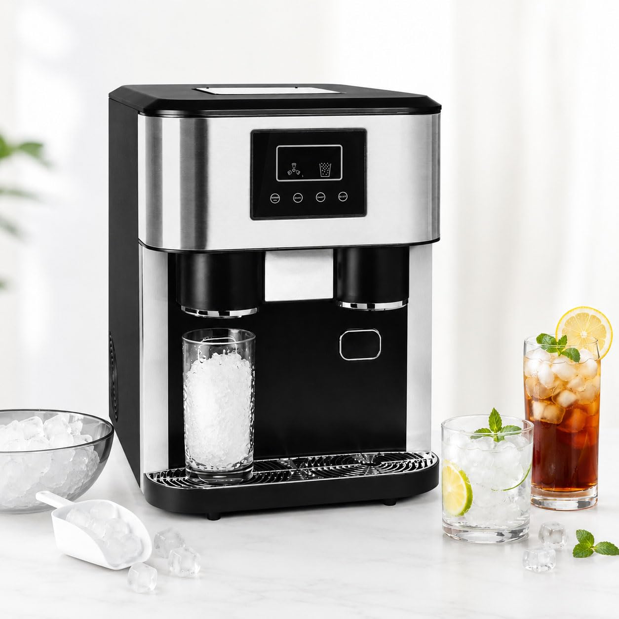 Máquina de hielo portátil para encimera, 40 libras/24 horas, rápida fabricación de hielo en 8 minutos, máquina compacta de cubitos de hielo con hielo triturado y agua fría para cocina, bar, fiesta