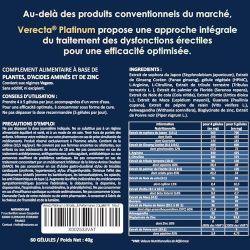 Verecta Platinum | 55 Gélules Endurance Homme avec L-Arginine, Ginseng, Maca | Micro Circulation Sanguine, Testosterone | Endurance, Énergie & Performance | Qualité FR – Image 5