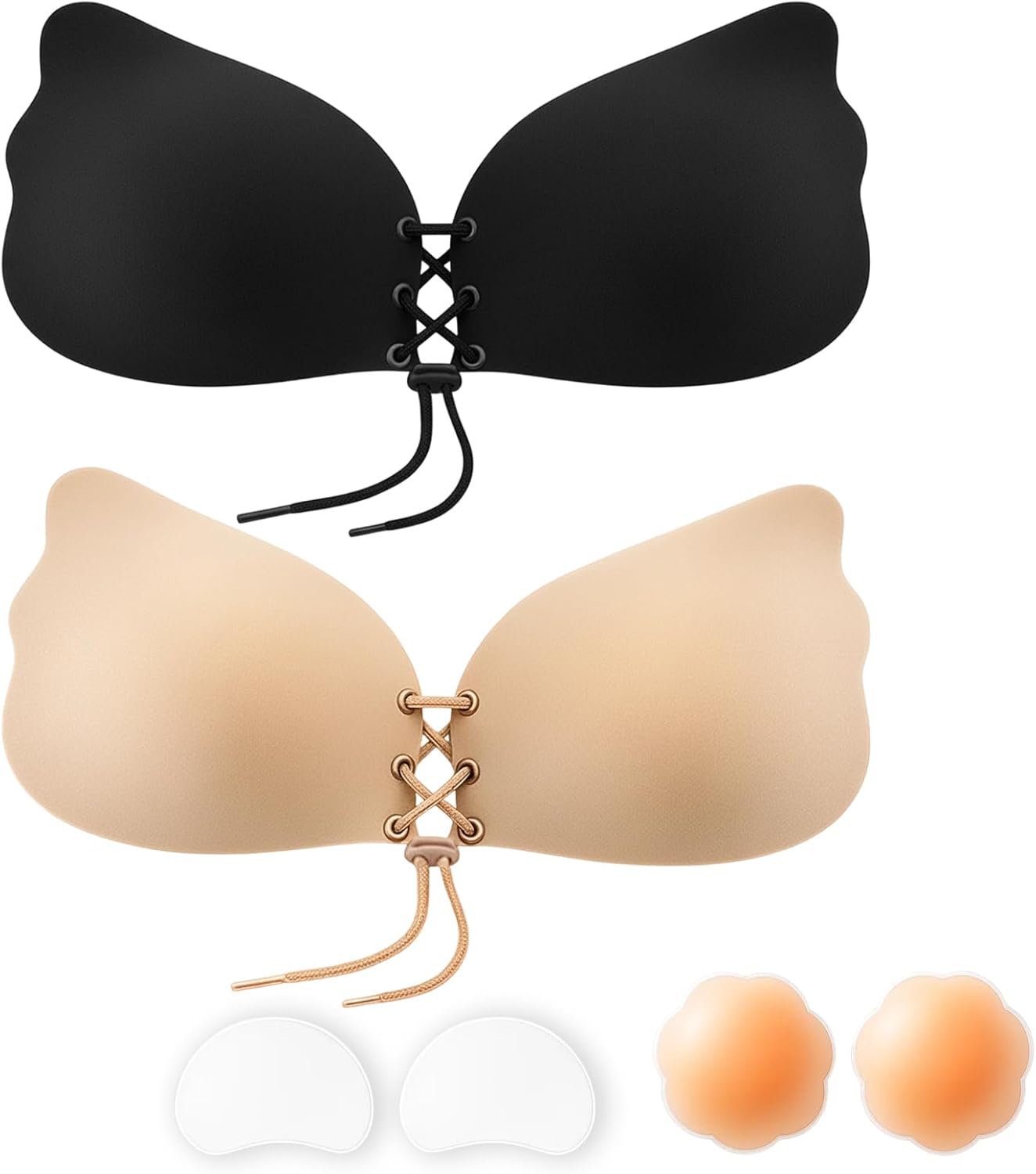 Backless Bras for Women, Sticky Push Up Bra with Lift, Silicone Adhesive Bra for Backless Dresses, Includes Nude & Black C-Cup Plus Nipple Covers