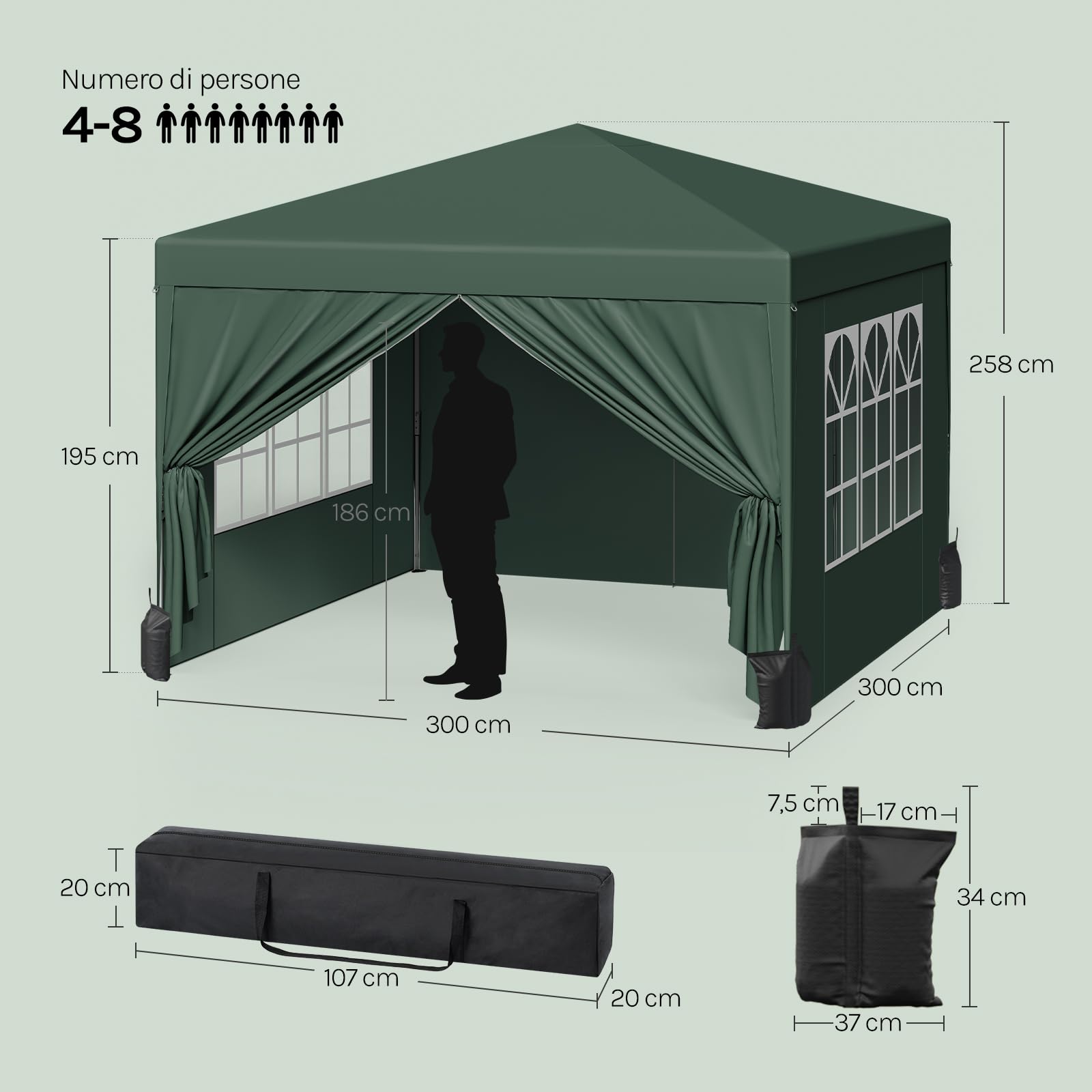 WOLTU Gazebo da Giardino Tendone 3x3m Pop up con sacchi di sabbia Verde | UPF 50+ UV, impermeabile, altezza regolabile, stabile, con borsa trasporto, Giardino